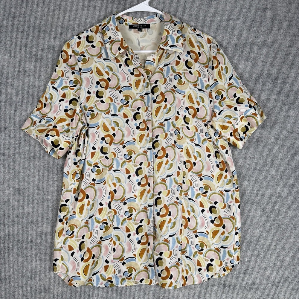 Lafayette 148 New York Size-L Womens Shirt Geometric Short Sleeve Silk Blouse